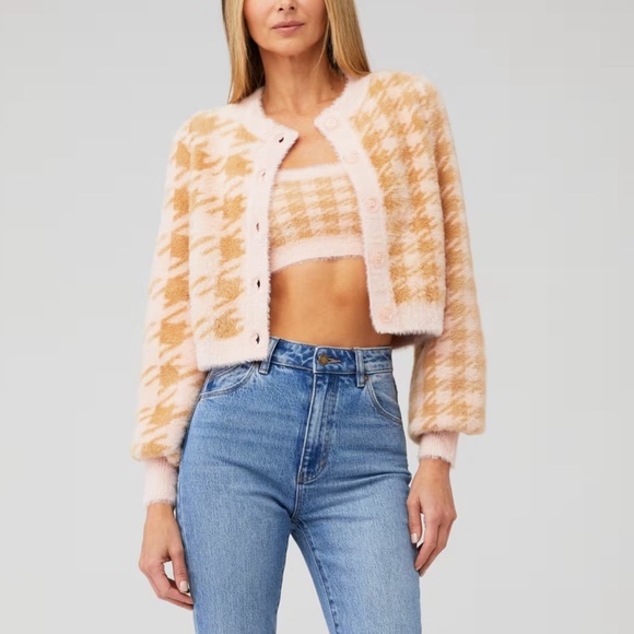 For Love and Lemon Fuzzy Plaid Pink and Tan Cher Cardigan - Picture 2 of 7